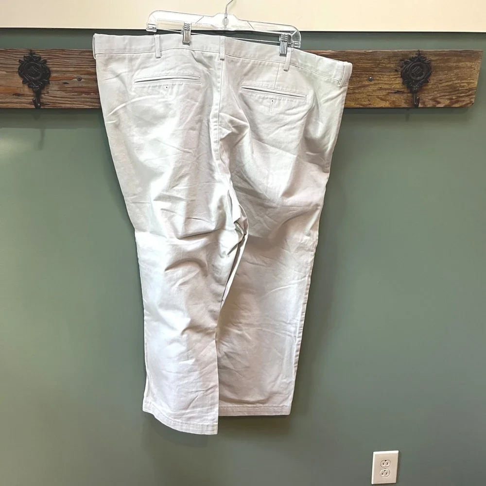 Lands End 48T‎ Traditional Fit Chino Pants Stone Khaki 100% Cotton Flat Front